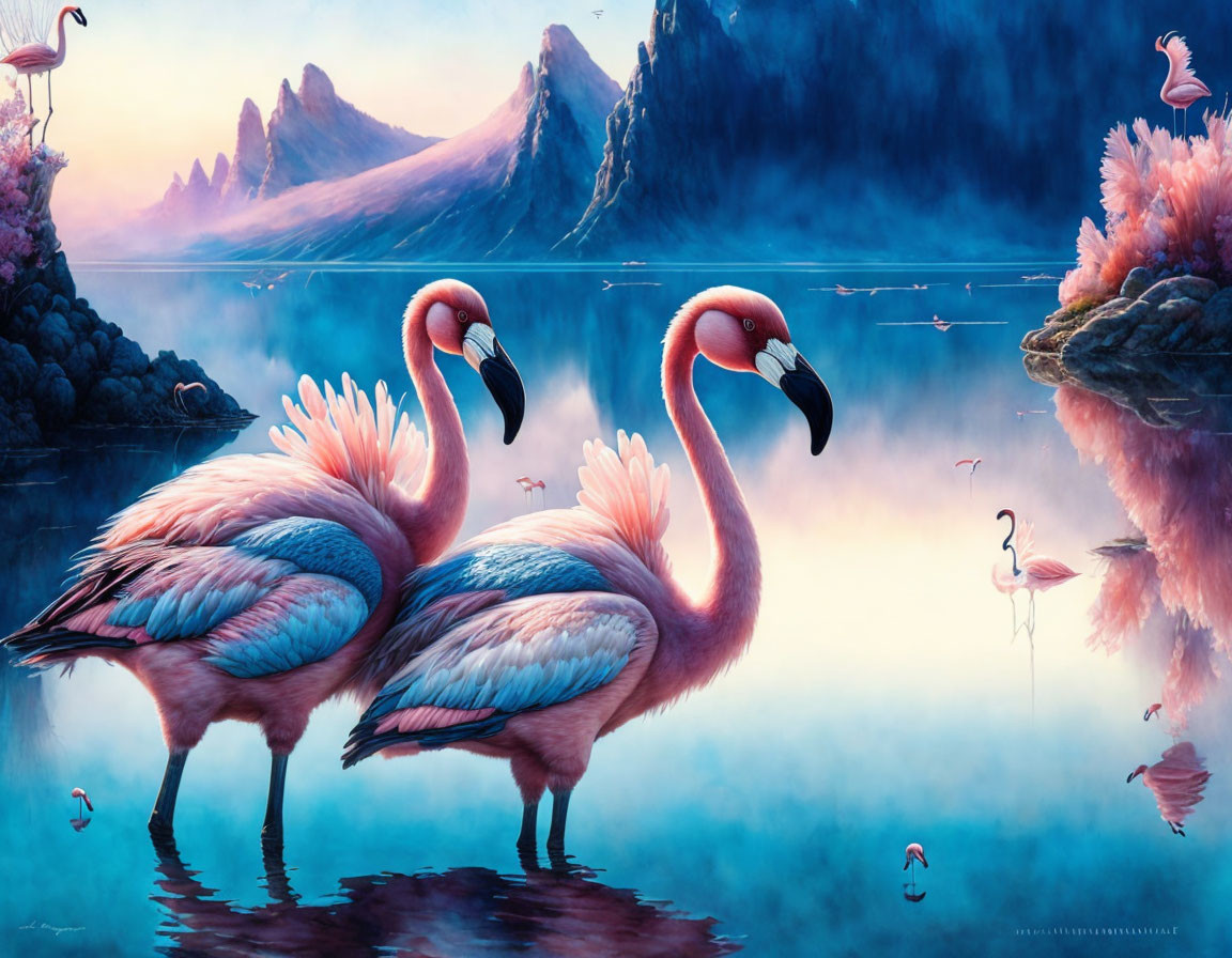 Flamingos by serene lake with misty mountains at sunset