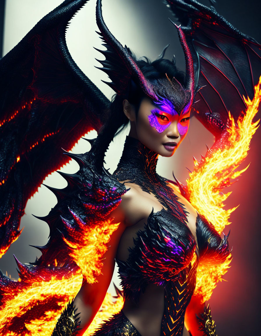 Dragon-like woman with glowing eyes and flaming wings in dark armor pose dramatically