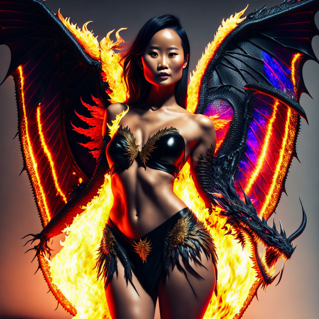 Woman with Dragon-Like Wings in Fiery Attire and Flames