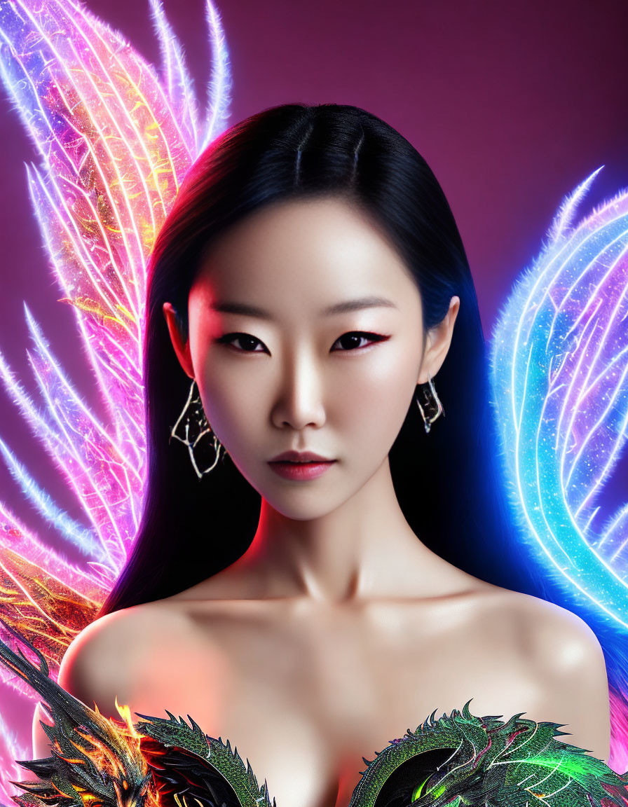 Colorful fantasy portrait of a woman with striking makeup and glowing wings