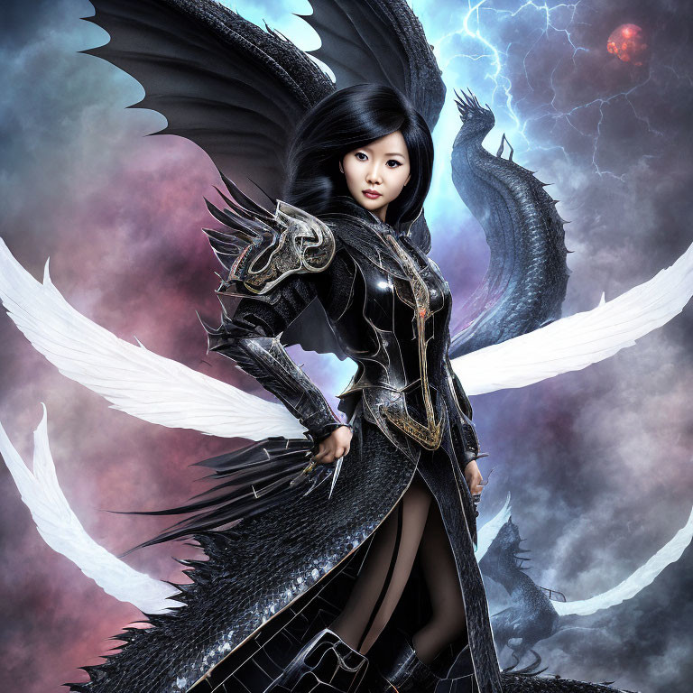 Dark-haired woman in ornate black armor with majestic black and white wings, standing confidently in mystical setting