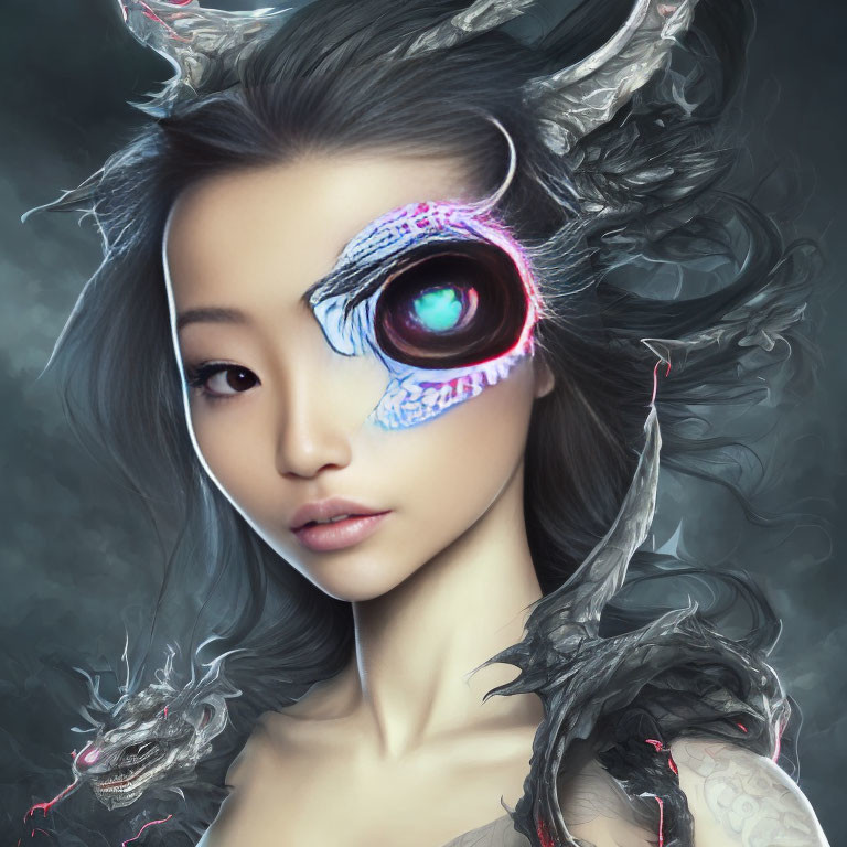 Digital artwork of woman with cybernetic eye implant and fantasy horned adornments