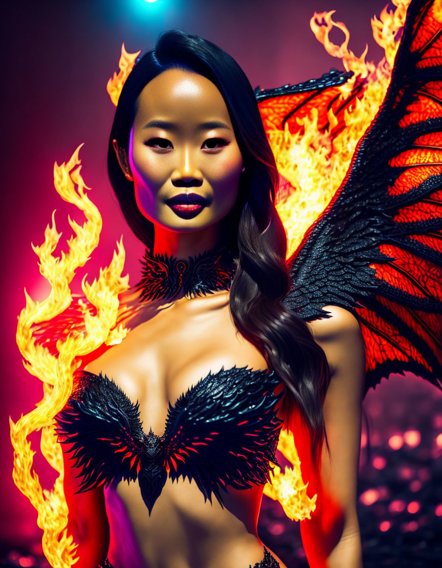 Dramatic Outfit with Black Feathers and Fiery Wings