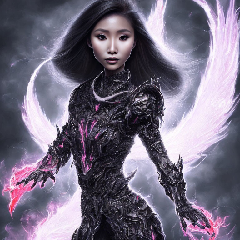 Fantasy female warrior in black armor with pink accents and ethereal wings.