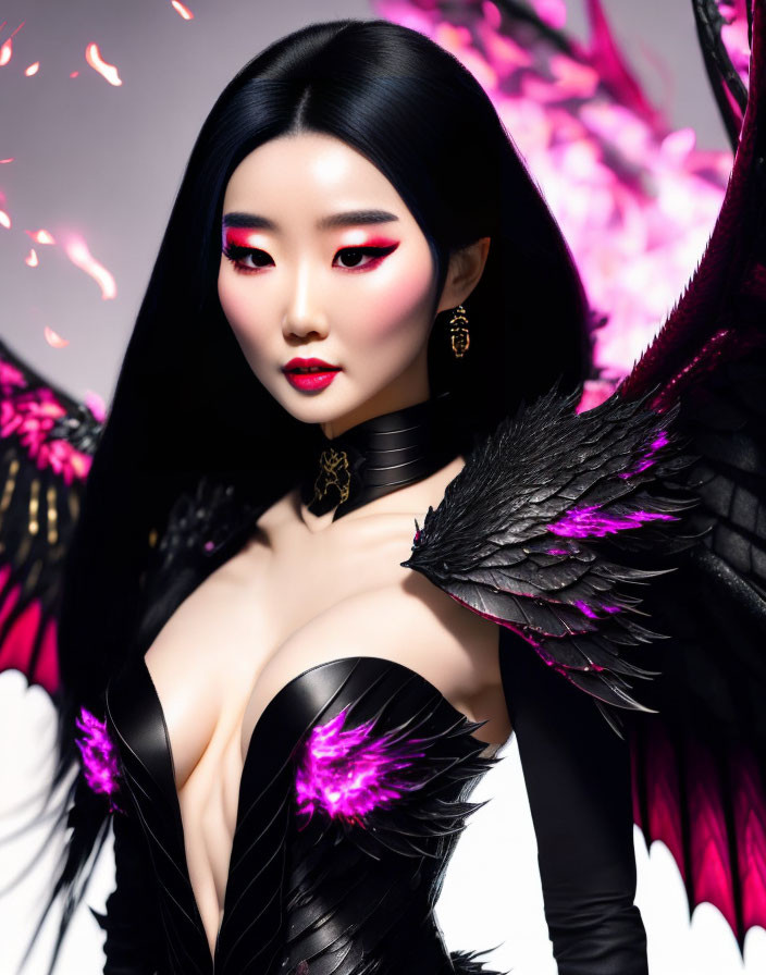 Dark-haired person in striking makeup and feathered black outfit with glowing purple accents on matching background