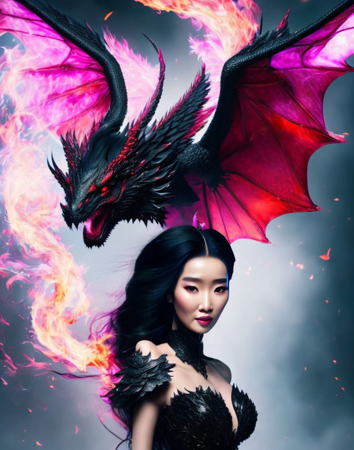 Dark-haired woman in scaled attire with black dragon.