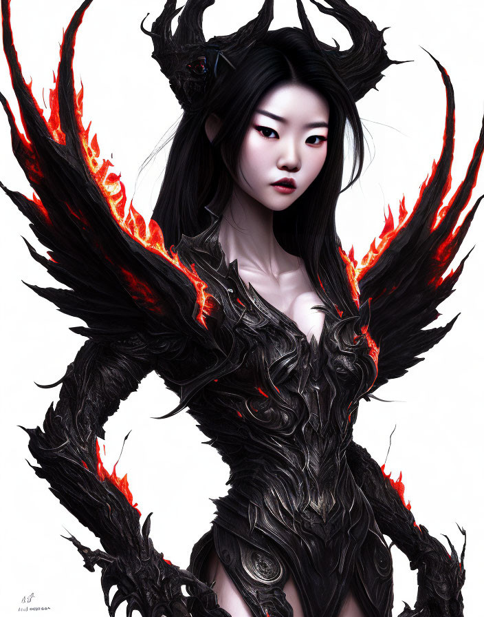 Female character with pale skin, long black hair, red eyes, and fiery armor