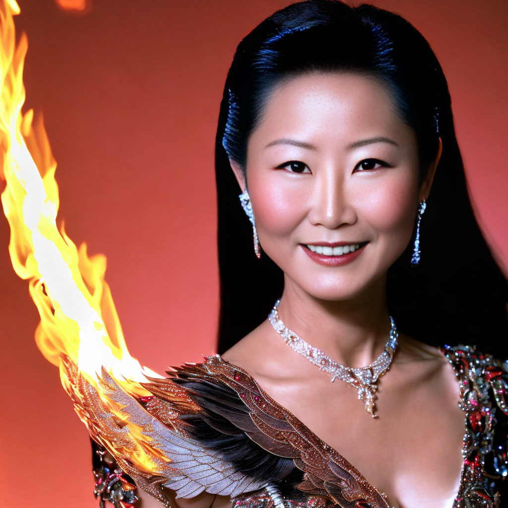 Woman in embellished dress with fiery wing details on red background