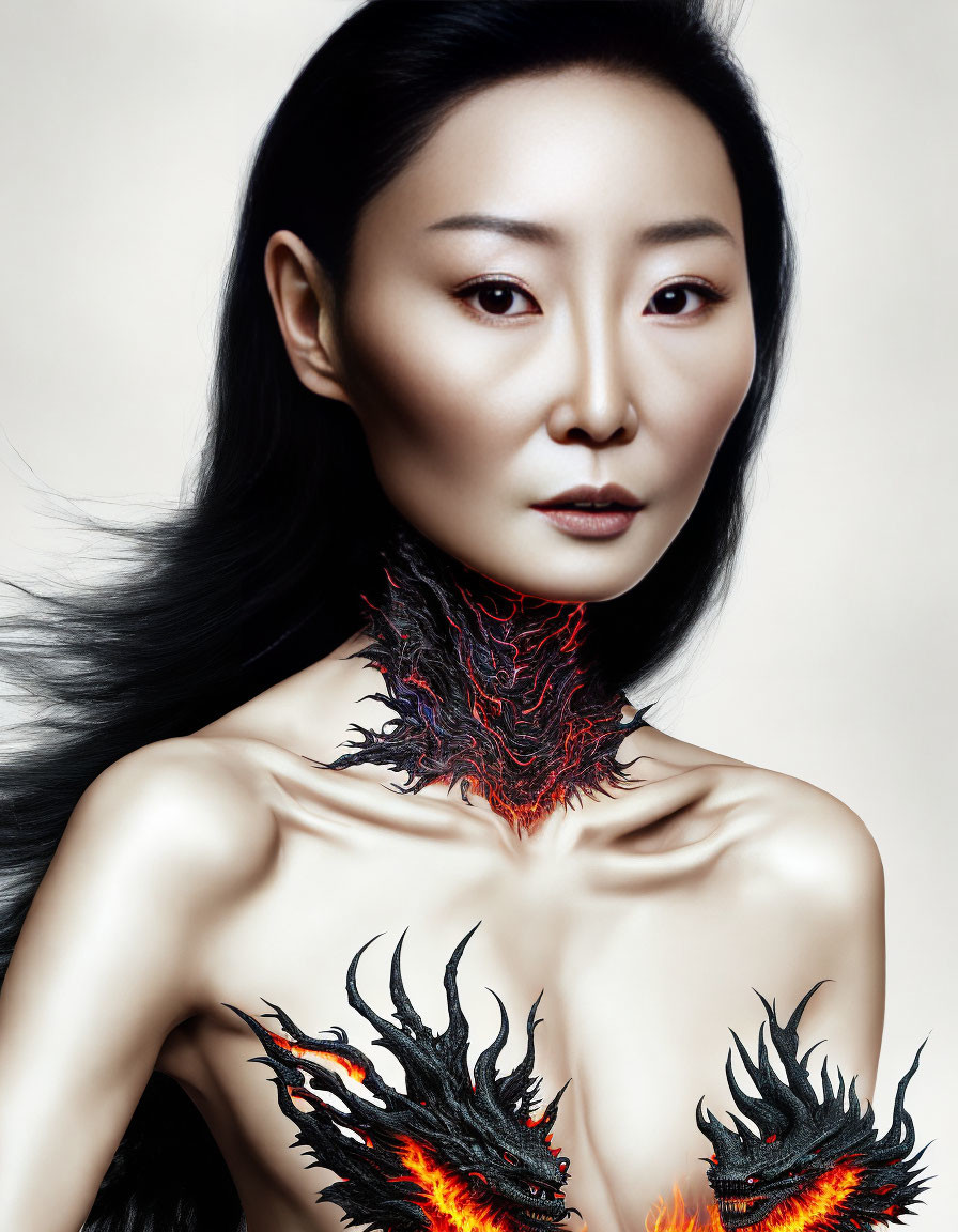 Elaborate makeup and flaming designs on woman's neck and shoulder