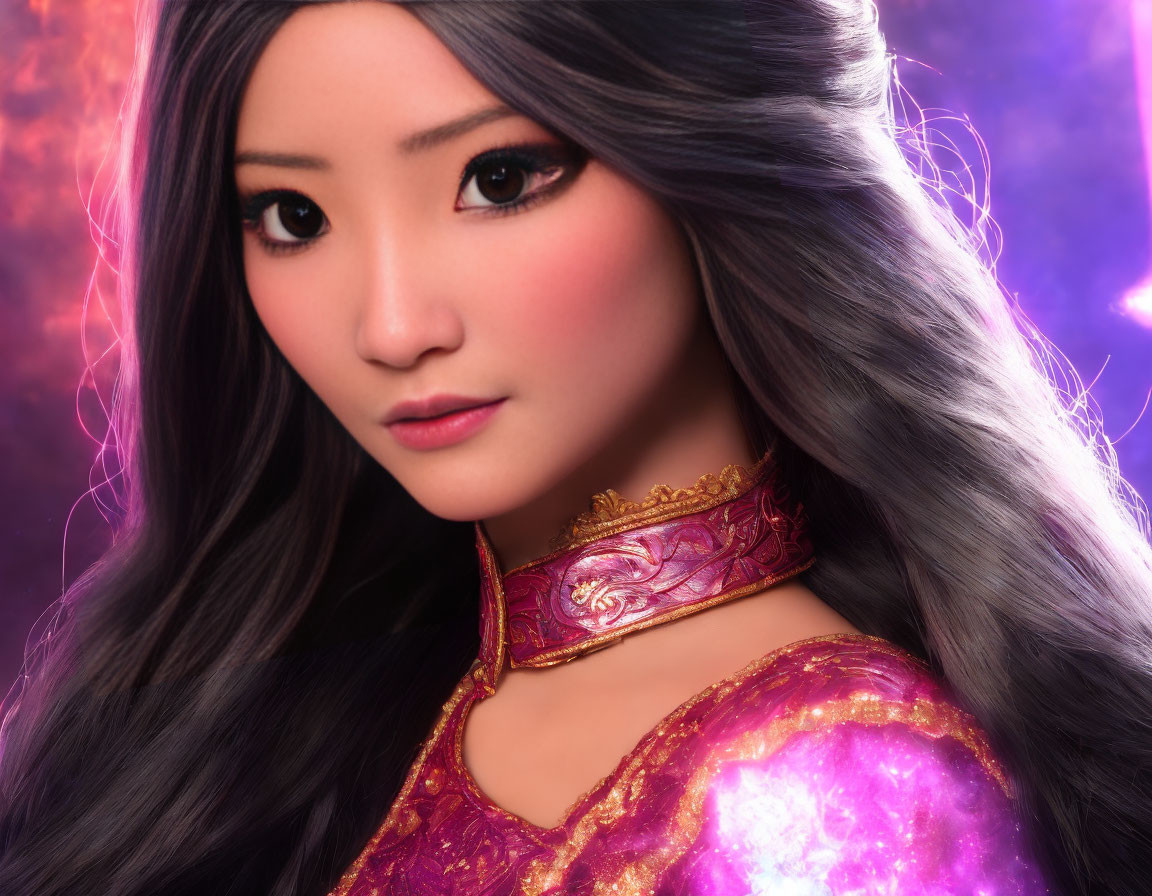 Regal woman with long hair in mystical purple setting