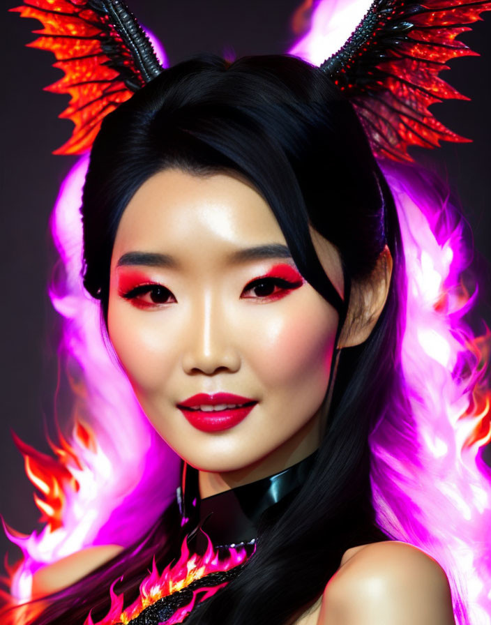 Fantasy-themed woman with red makeup and fiery wings on dark background