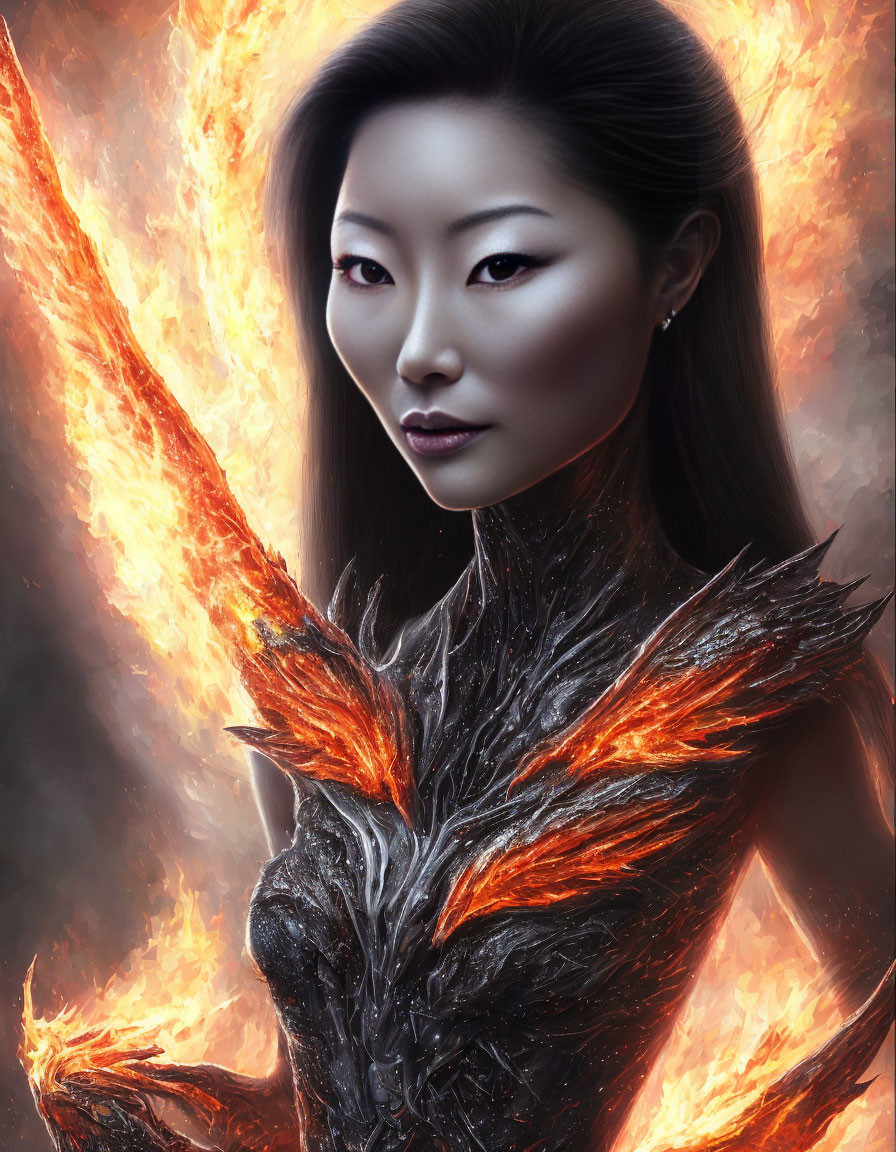 Intense woman in fiery armor with mystical aura