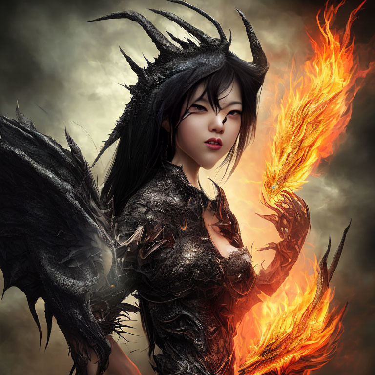 Fantasy female character with dark horns, wing-like structures, fiery orange glow, and intricate black outfit