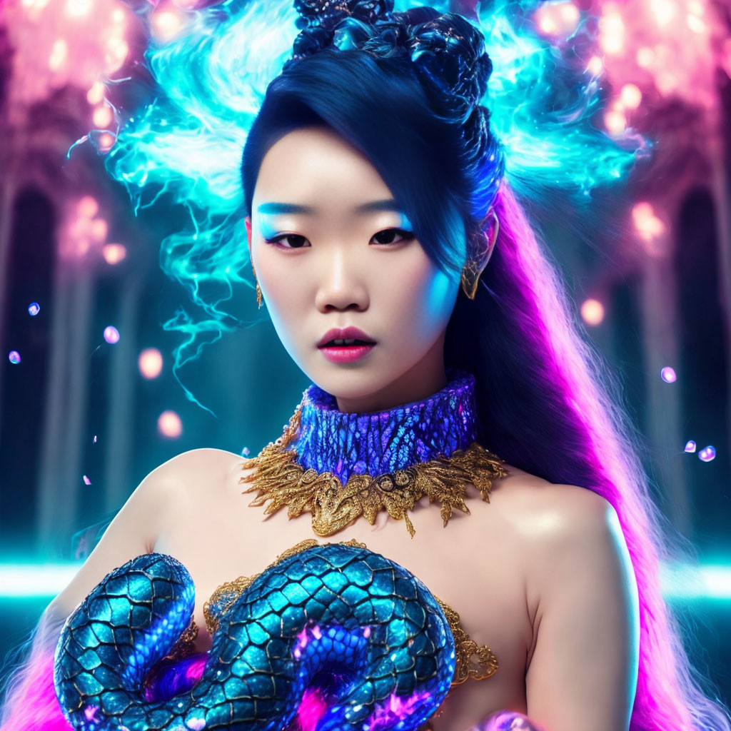 Vibrant-haired woman with blue makeup and golden jewelry holding a blue serpent amidst pink flames