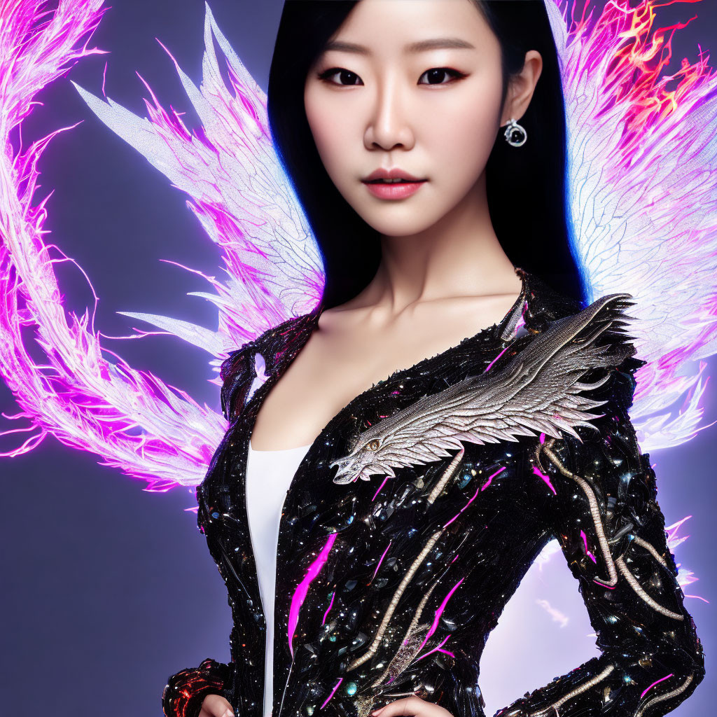 Colorful Wings Woman in Sparkling Black Outfit on Dark Background