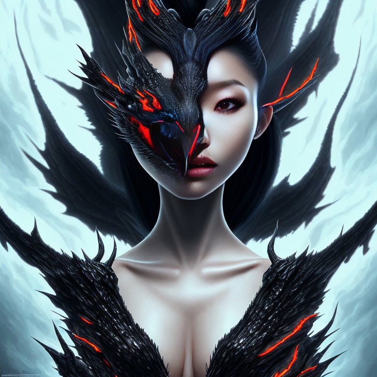 Stylized image of woman in dark feathered attire with striking bird headpiece