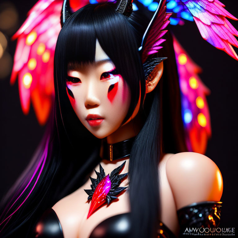 Fantasy character with luminescent wings and neon makeup