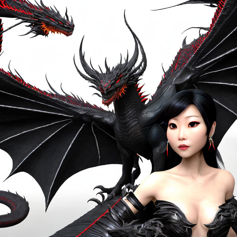 Dark-haired woman in black poses with menacing red-accented dragon