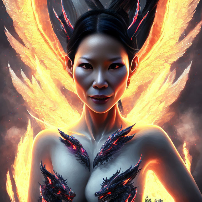 Digital artwork of woman with glowing eyes, fiery wings, and inferno-like aura