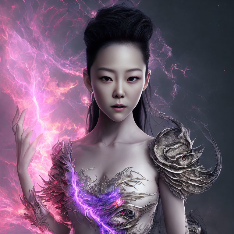 Fantasy armor woman with purple energy on dark background