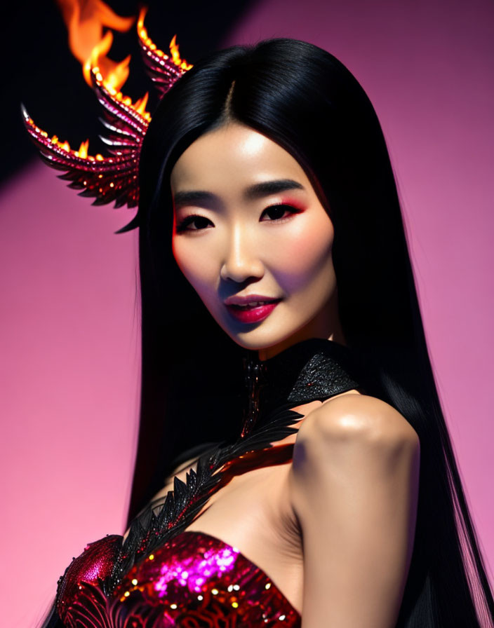 Long-haired woman in fantasy makeup with digital flames and fiery outfit.