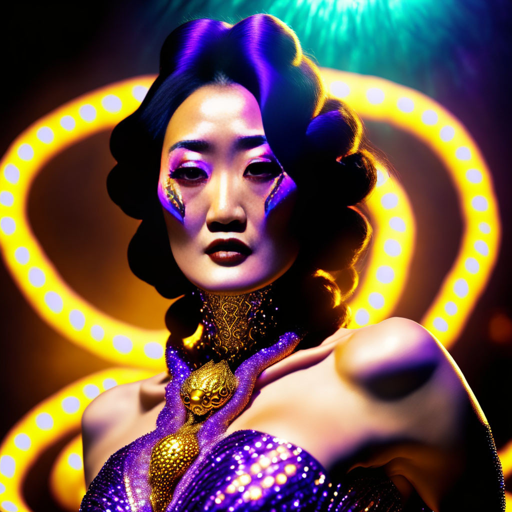 Stylized portrait of woman with bold purple makeup and golden rings on dark background