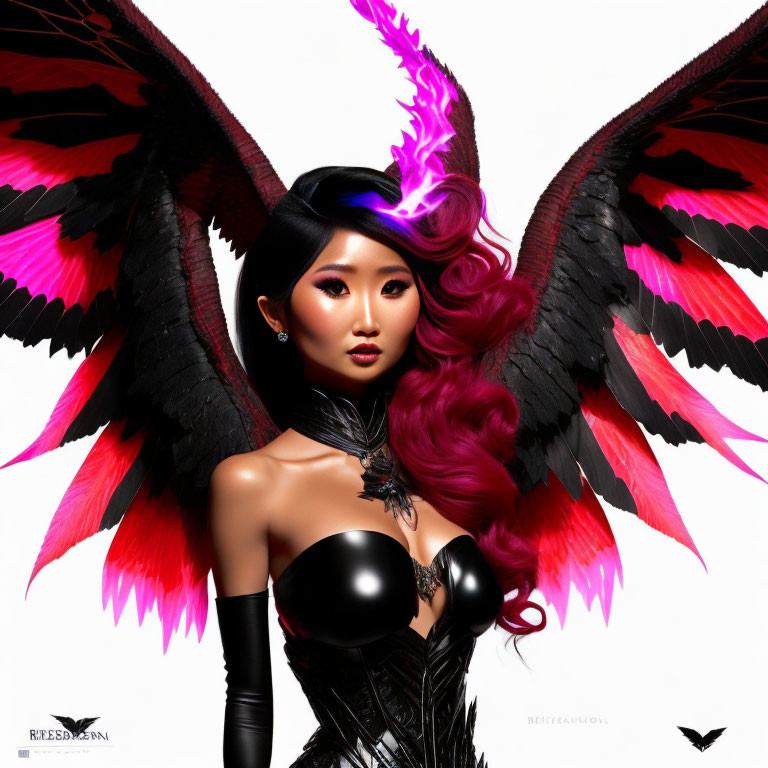 Fantasy-themed digital artwork: Woman with dark wings and vibrant pink hair.