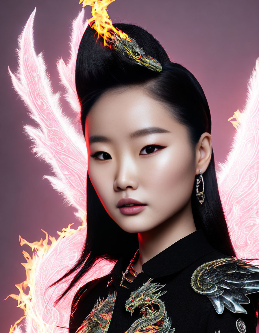 Elaborate fiery wing graphic on woman with dragon-themed attire