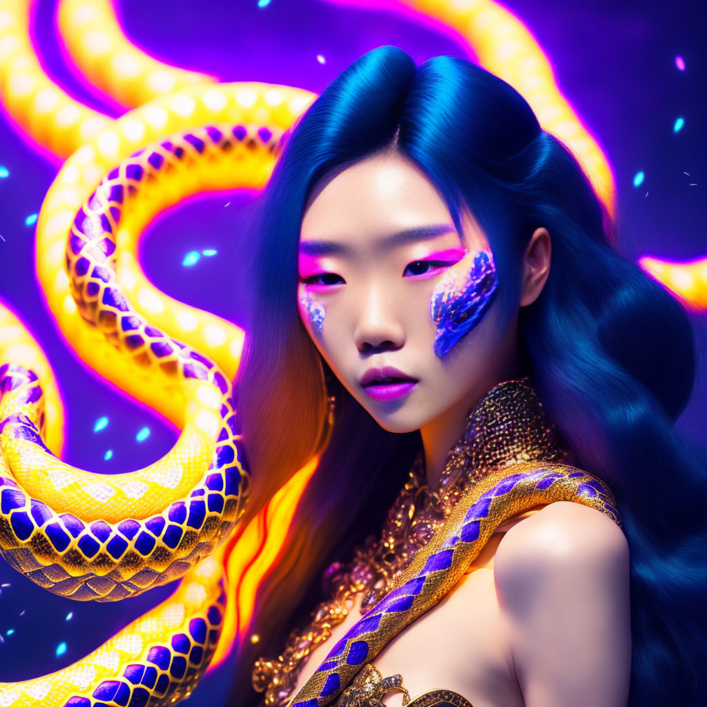 Blue-haired woman with artistic makeup and yellow snake on cosmic purple background