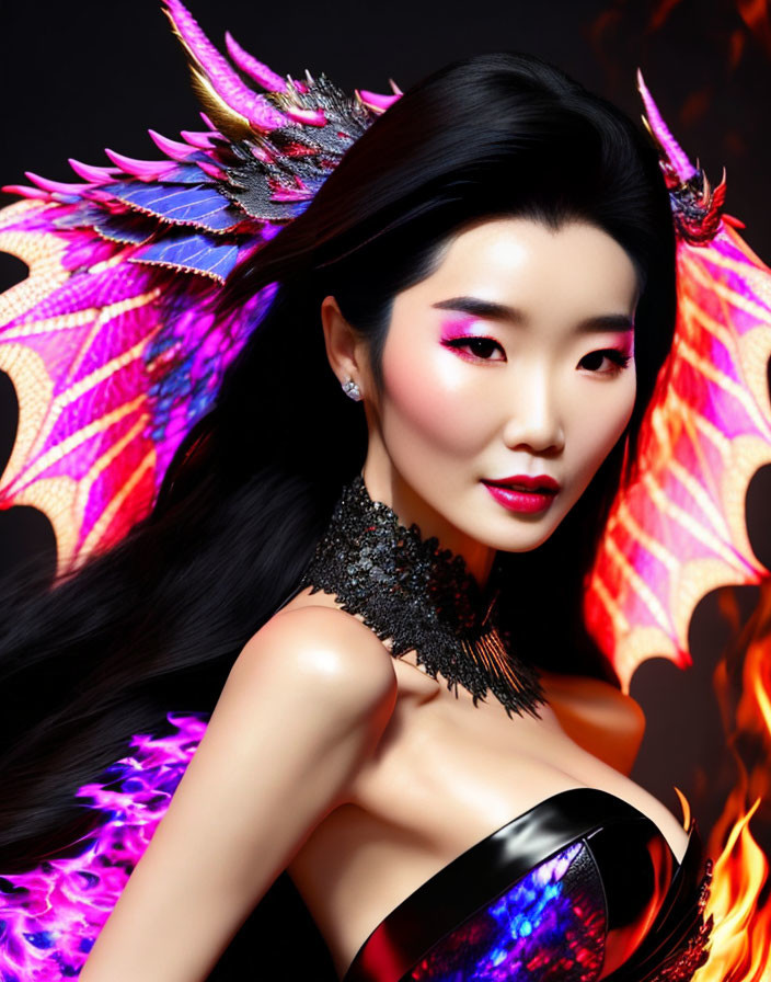 Fantasy-themed woman with dragon-inspired attire and vivid makeup pose against dark backdrop