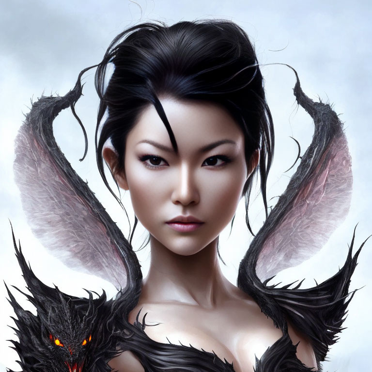 Digital artwork: Woman with dark feathered wings and creature with glowing red eyes.