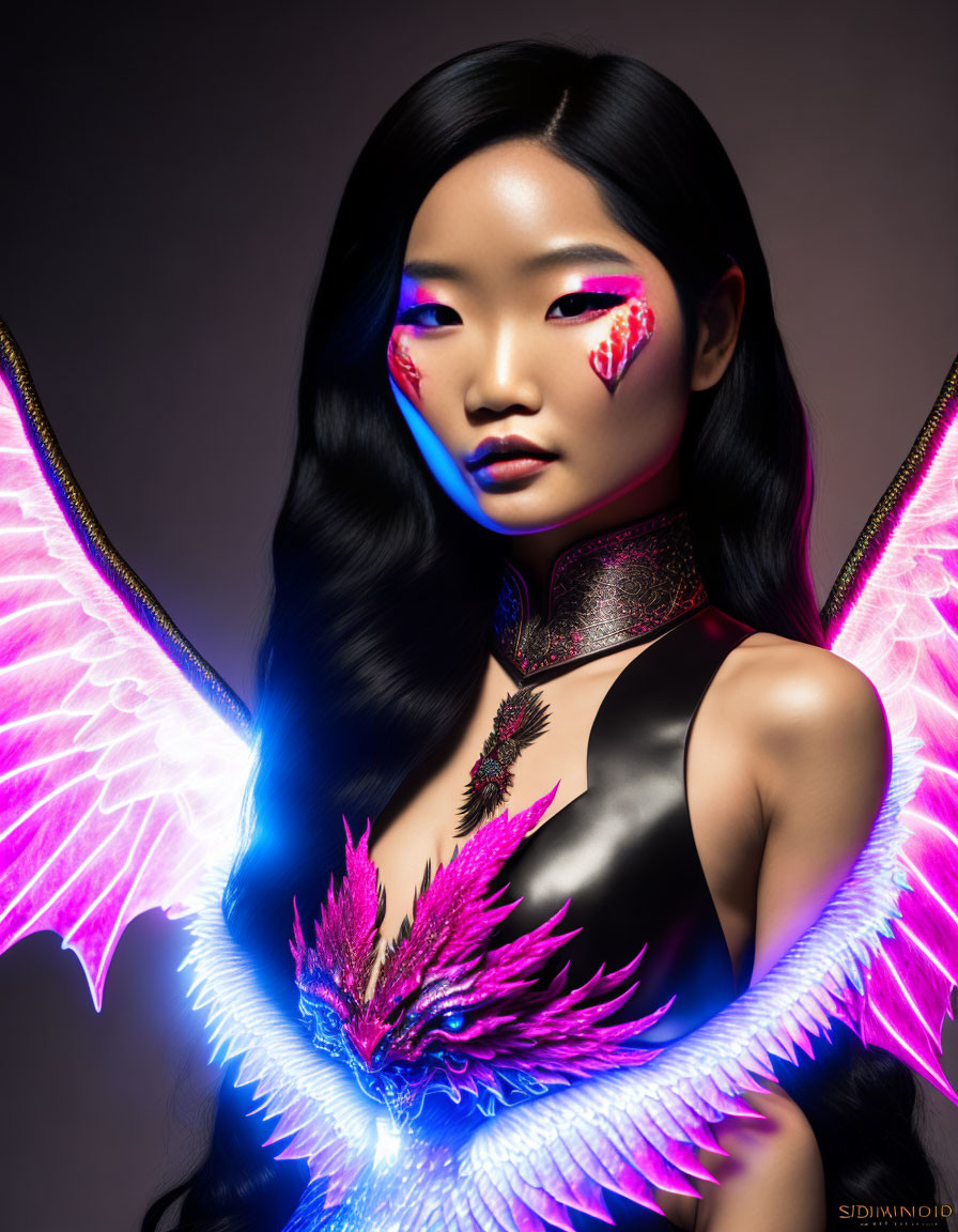 Woman with pink winged eyeshadow and glowing digital wings posing with fantastical creature on outfit.