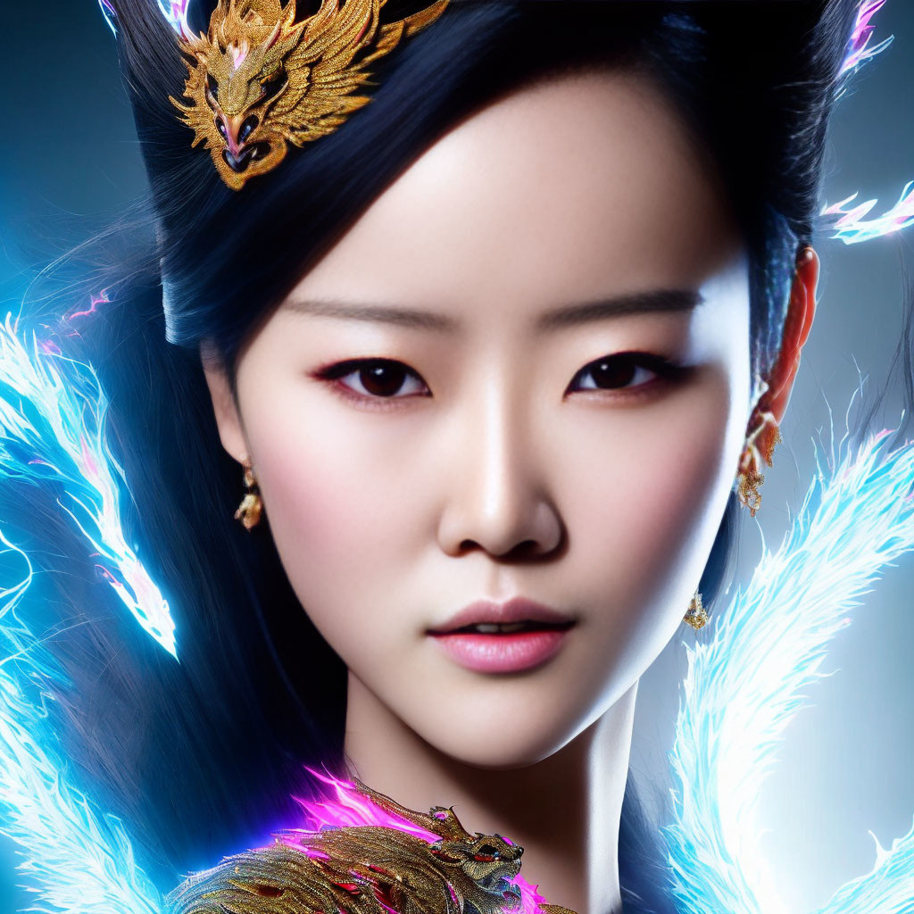 Asian woman with fantasy-themed makeup and golden phoenix accessory in hair