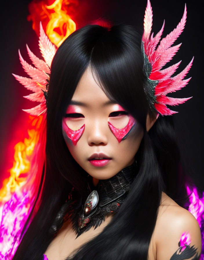 Vibrant pink eye makeup and feathers on person against fiery backdrop