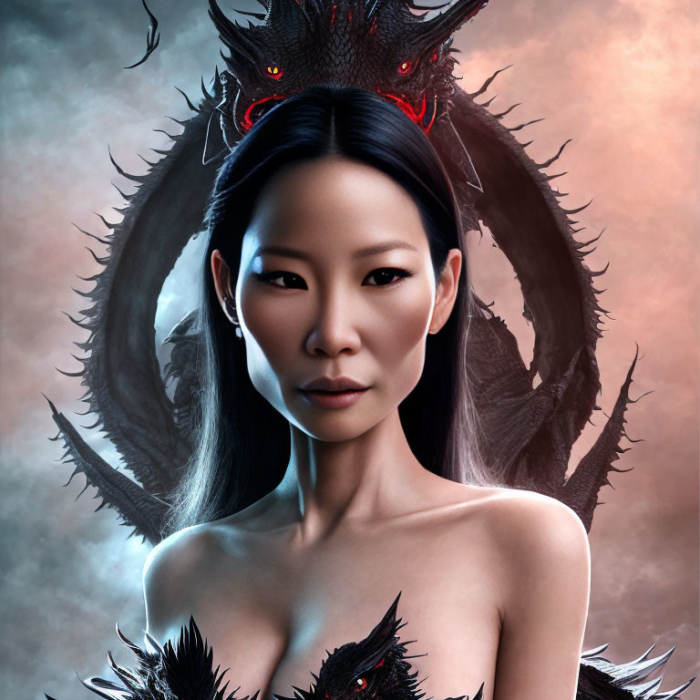 Asian Woman with Dragons in Mystical Background