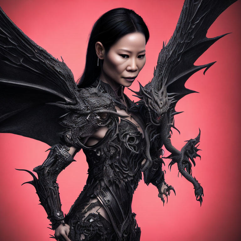 Elaborate Dark Dragon-Themed Armor on Woman with Wings