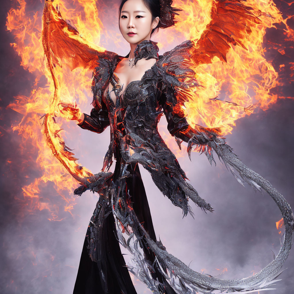 Fantasy-themed costume with fiery wings and dark attire against smoky backdrop