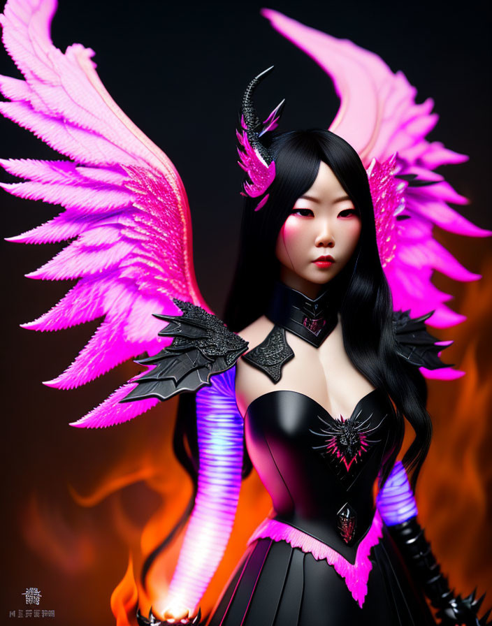 Dark-haired woman with pink wings and horns in fantasy outfit on fiery background