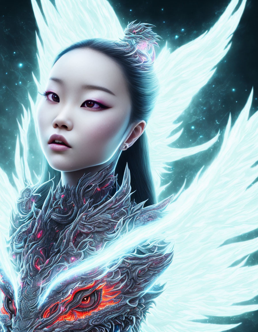 Young girl with glowing wings and fiery armor in fantasy setting