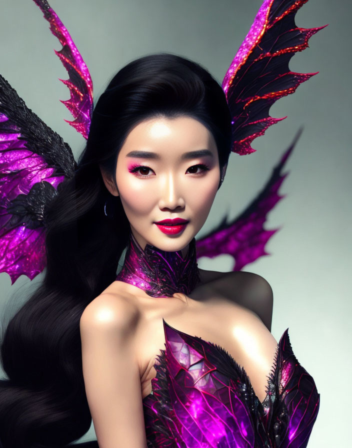 Dark-haired woman with purple dragon wings in sleek digital artwork