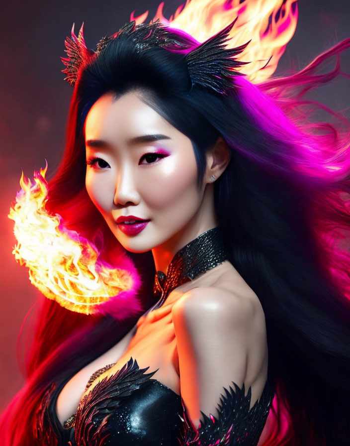 Woman with fiery effects: Vibrant flames and ethereal fire on red background