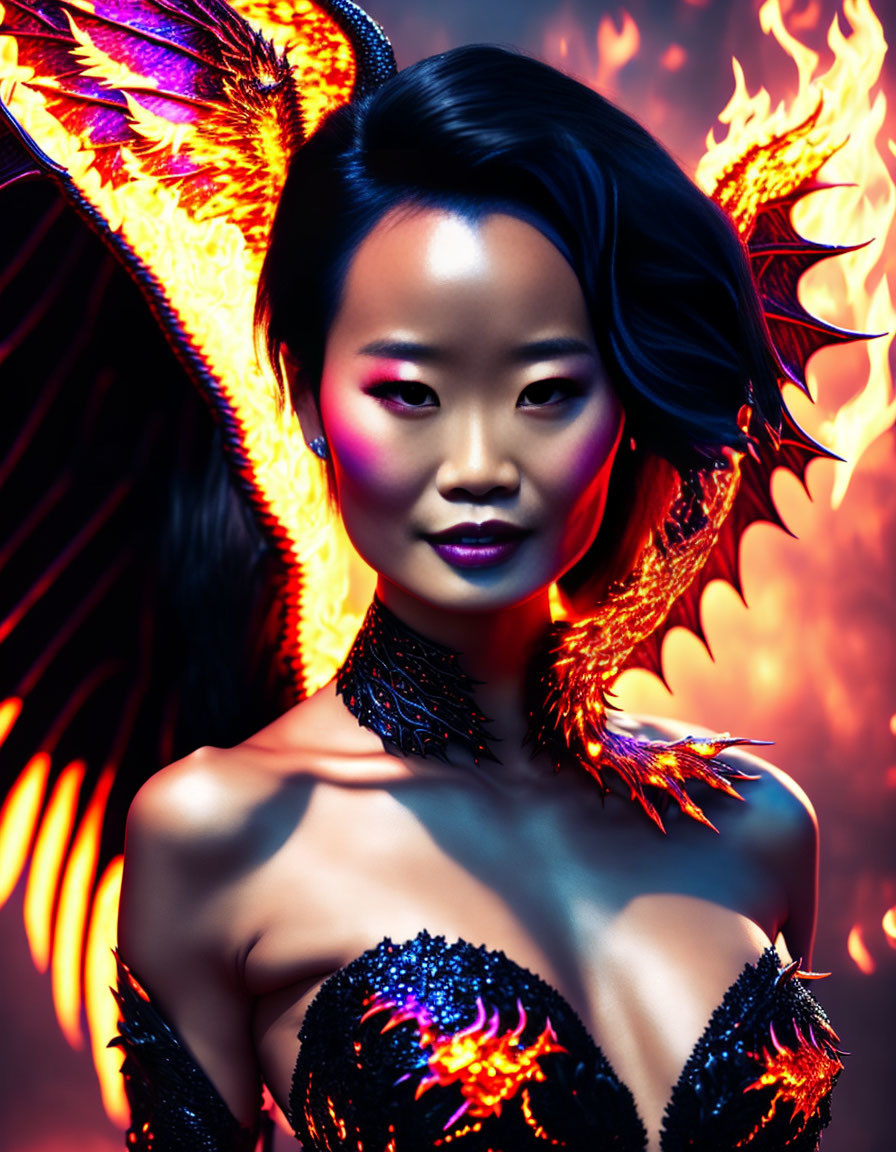 Woman with striking makeup and fiery outfit in front of blazing background.