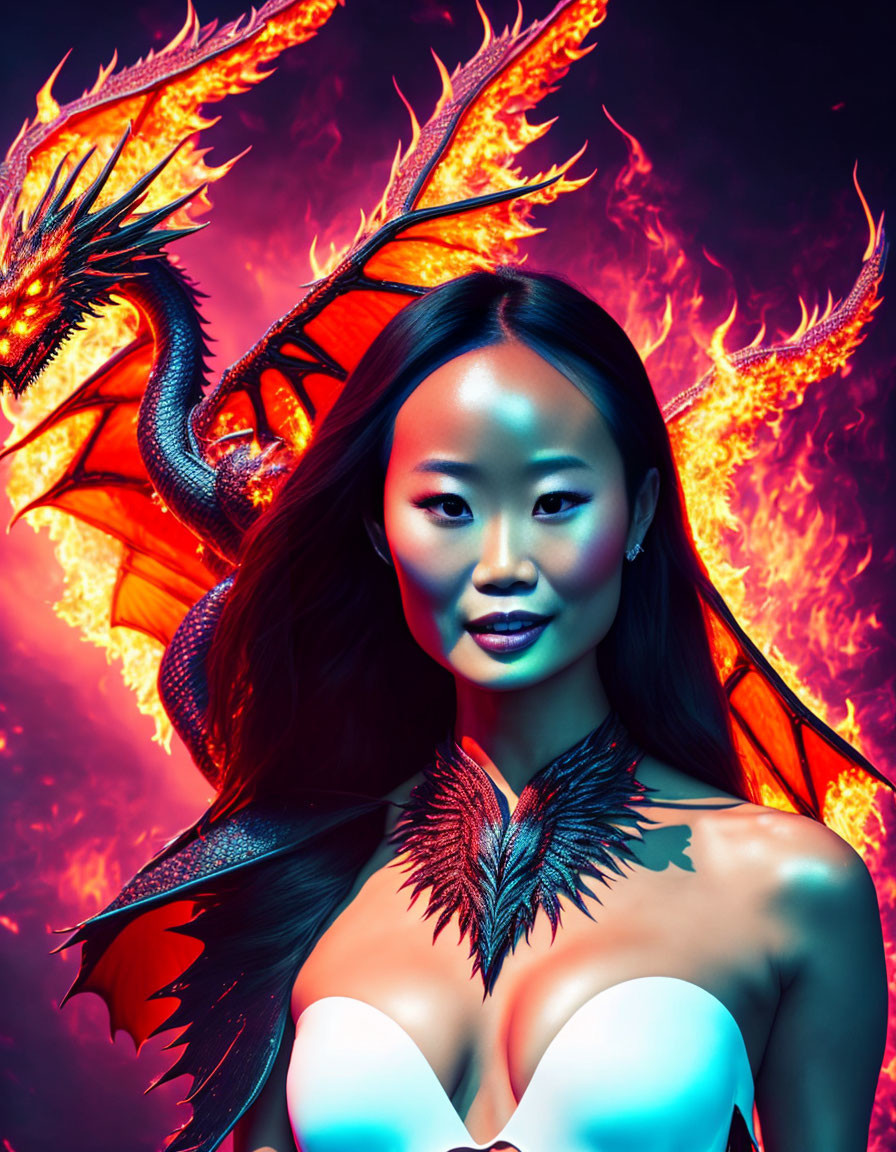 Fantasy Portrait of Confident Woman and Dragon