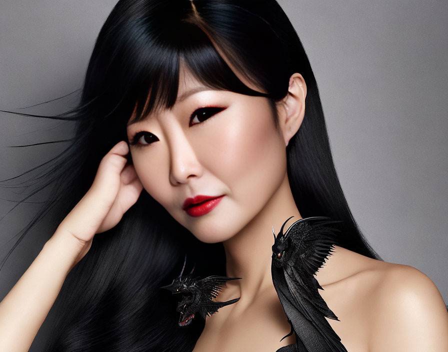 Woman with Long Black Hair, Red Makeup, and Dragons