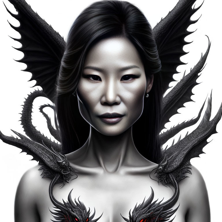 Woman with Intense Gaze and Dragon Wings with Dragons on Collarbones