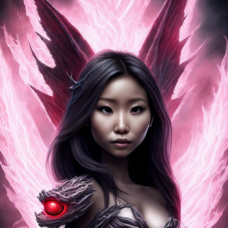 Dark-haired woman with intense gaze, pink crystal wings, and red gem shoulder armor.