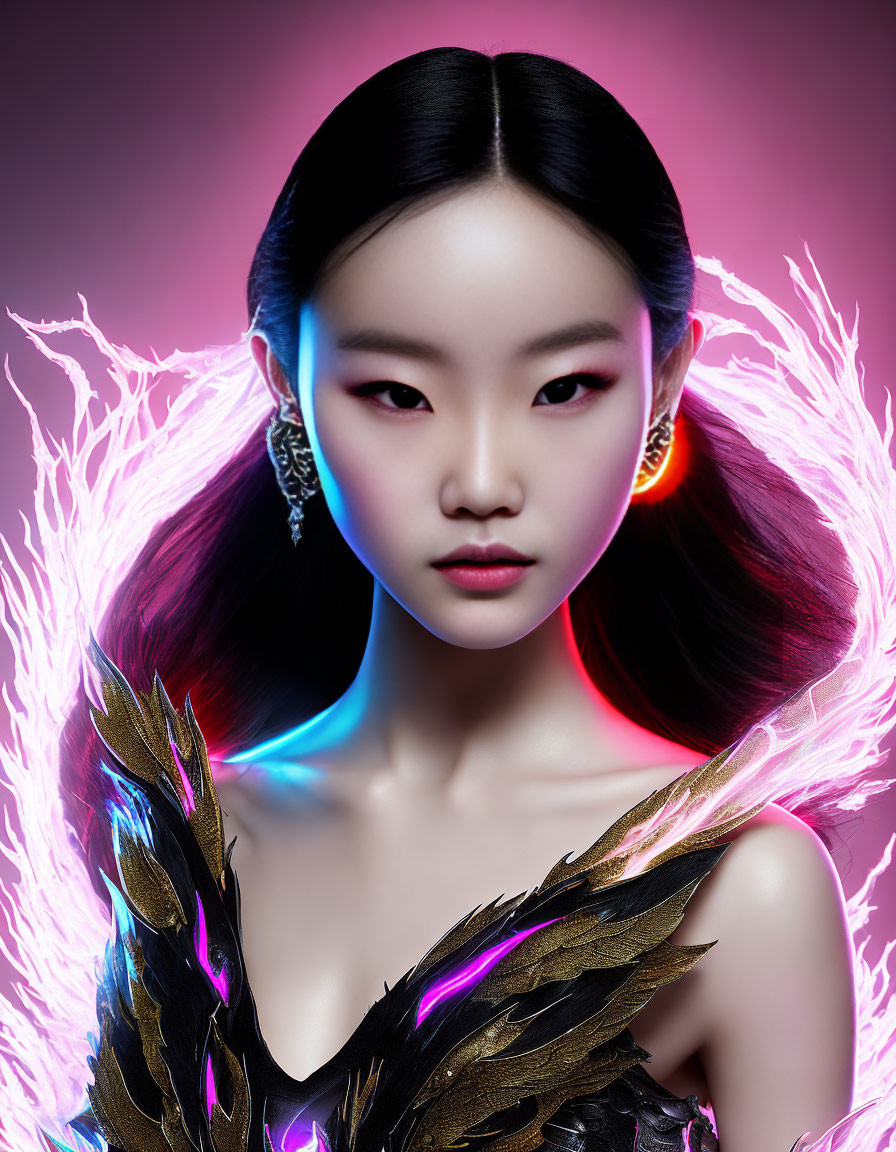 Portrait of woman with futuristic makeup, sleek hair, feather-like shoulder garments, neon lighting.