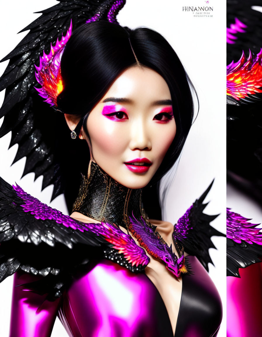 Striking Pink Makeup and Fiery Wing Shoulder Pieces