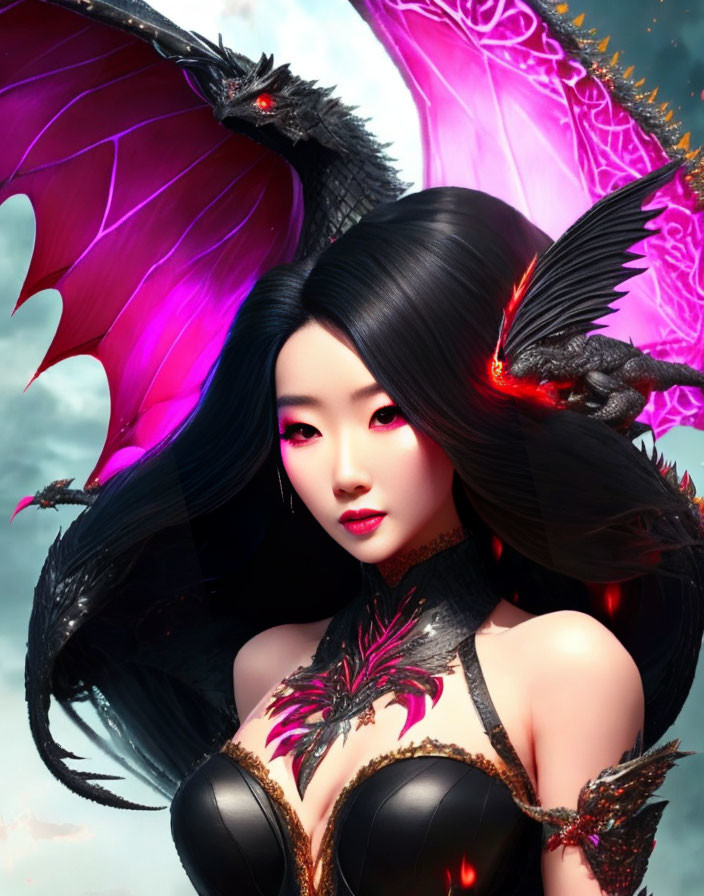 Fantasy digital artwork: Woman with dark hair, black dragon, and red creature