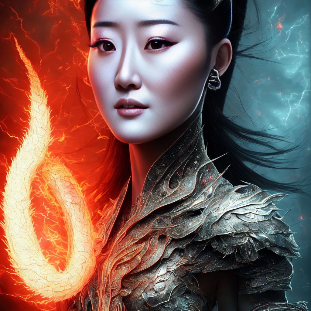 Digital artwork featuring Asian woman with red glowing eyes, flame, and golden armor.